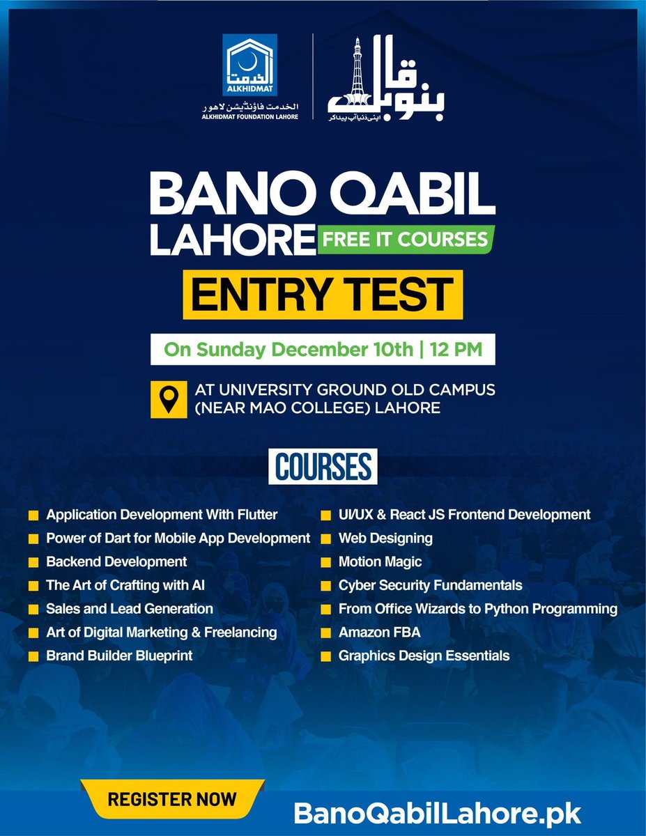 AlkhidmatOrg's tweet photo. Alkhidmat presents Bano Qabil Lahore—a golden opportunity for youth to excel in IT. 
Register now for the aptitude test on Dec 10 and kickstart your journey to success.https://t.co/pJzbqQGy3T
#BanoQabilLahore https://t.co/S6ZuB4bQdi