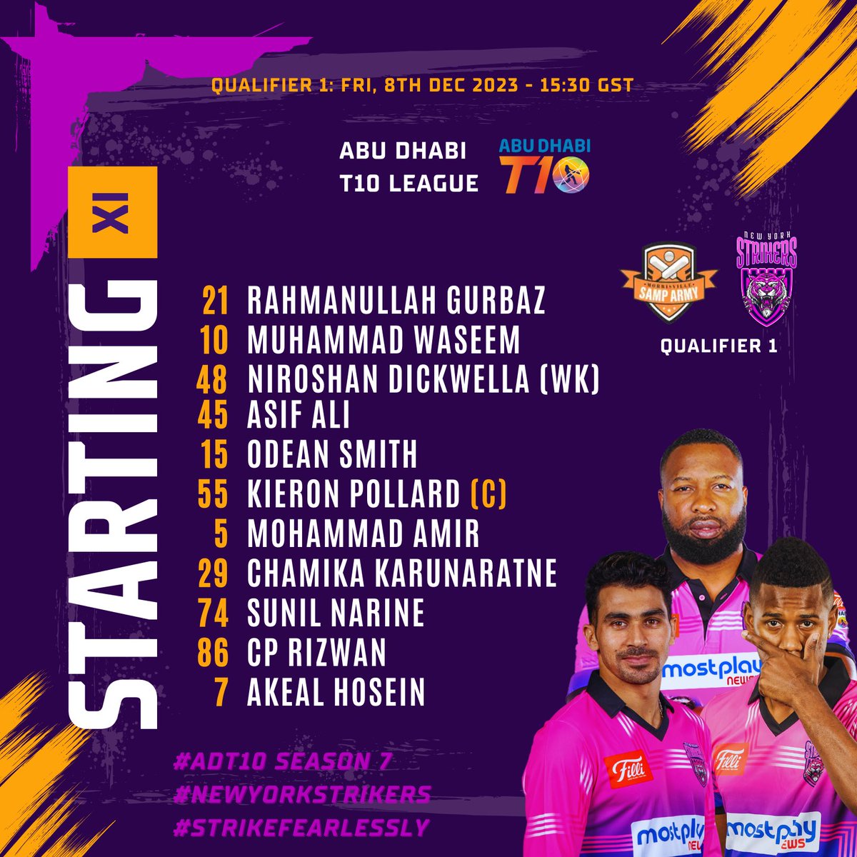 Qualifier 1! Winner enters the final. Let’s go Strikers! 💪

#NewYorkStrikers #NYSSquad #T10League #ADT10
#CricketsFastestFormat #AbuDhabiT10
#StrikeFearlessly