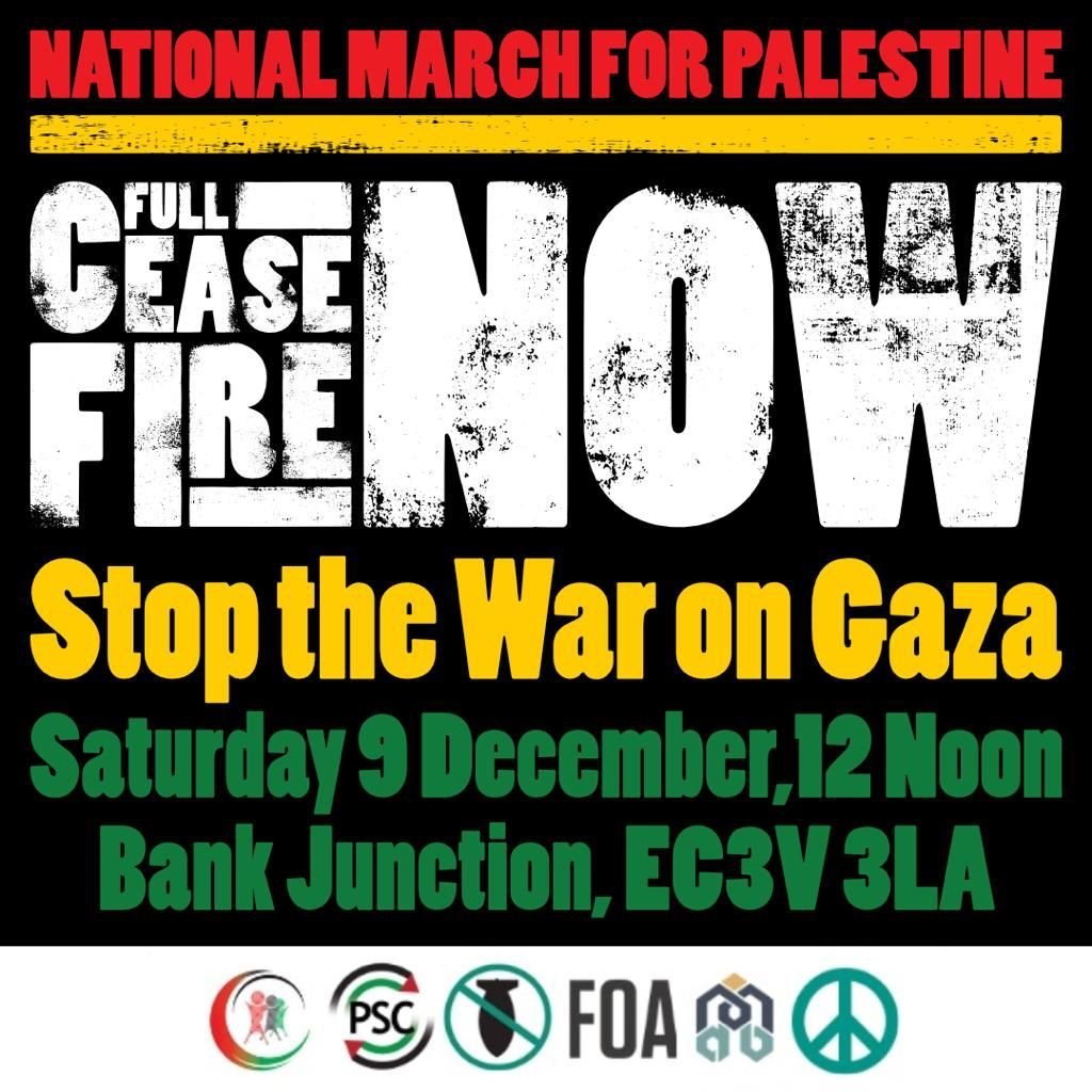 🚨ALL OUT TOMORROW - #CeasefireNow! As Parliament gets ready to debate a ceasefire next week, we need to keep the pressure on MPs to do all they can to end the devastation being wrought on Gaza. 📍Assemble at Bank Junction from 12 noon. Details: cnduk.org/events/nationa…