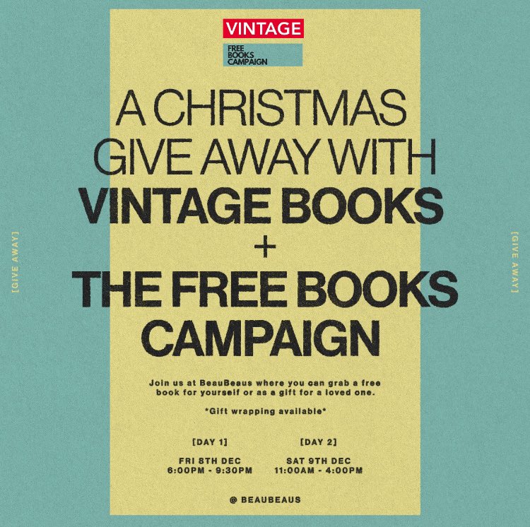 Free this weekend? In need of some new reads? We've partnered up with our friends at @vintagebooks and BeauBeaus to get free books out to those who can't afford them ahead of Christmas. We have a selection of cookbooks, fiction, non-fiction & more. Join us! 📍BeauBeau's, E1 7AA