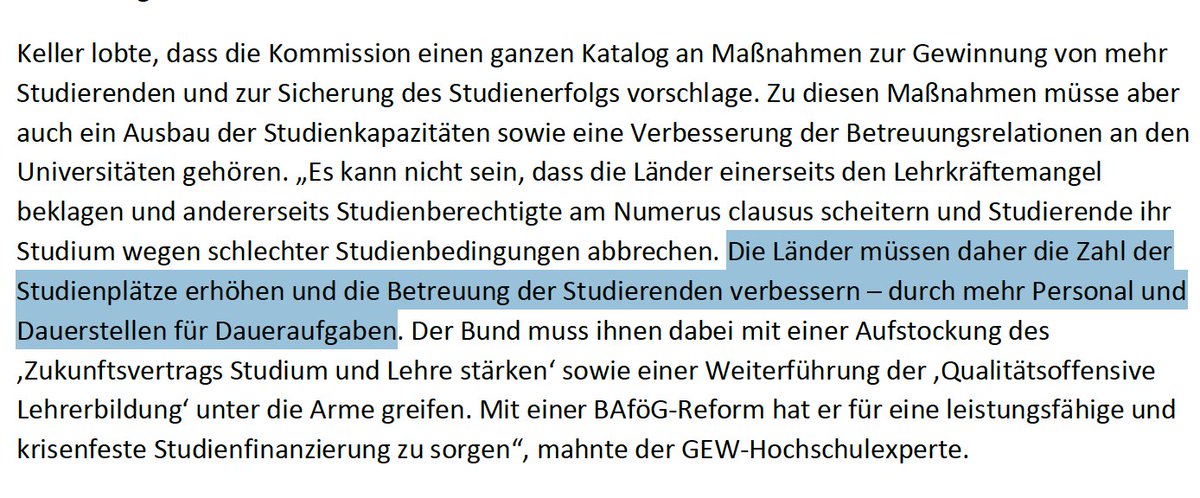 Das Gutachten der #SWK der #Kultusministerkonferenz der #KMK ist ein Weckruf für Bund &amp; Länder: Studienplätze ausbauen, Betreuungsrelationen verbessern - durch mehr Lehrende &amp; #Dauerstellen für Daueraufgaben an #Hochschulen! #twlz #IchBinHanna @gew_bund 👉 gew.de/presse/pressem…