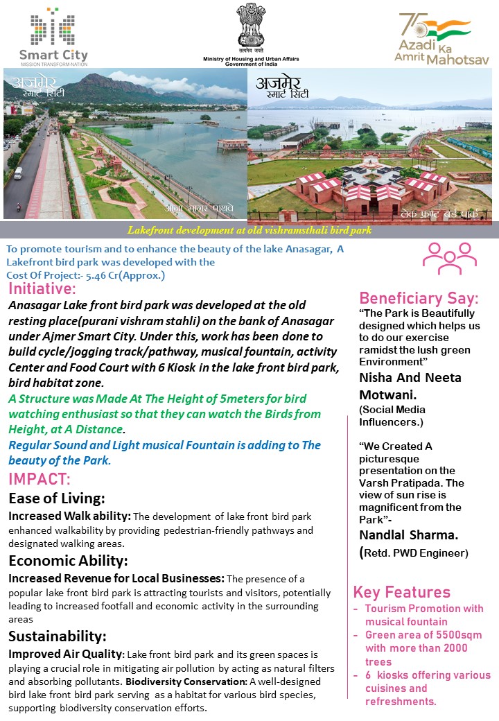 Project Highlight:- Anasagar Lakefront development at Old vishram sthali Bird Park developed by Ajmer Smart City Limited, Ajmer.
<a href="/SmartCities_HUA/">Smart Cities Mission</a> <a href="/Secretary_MoHUA/">Srinivas Katikithala</a> <a href="/MoHUA_India/">Ministry of Housing and Urban Affairs</a>