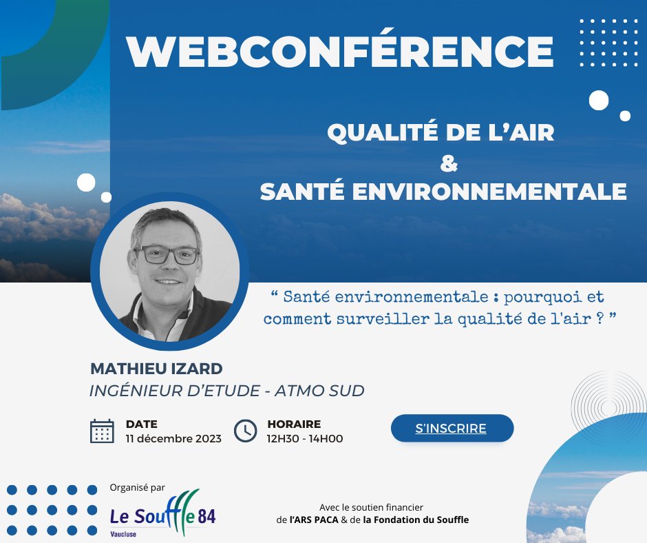 [#webinaire #santé #environnement]
📢 Webconférence by Le Souffle 84 avec <a href="/AtmoSud/">AtmoSud</a> dédiée à la surveillance de la #qualité de l'#air ‼️

🗓️ lundi 11/12, 12h30-14h00

Inscription (gratuite) :
➡️docs.google.com/forms/d/e/1FAI…

<a href="/ARSPaca/">ARS Paca</a> <a href="/FduSouffle/">Fondation du Souffle</a> <a href="/CRES_PACA/">CRES Provence-Alpes-Côte d'Azur</a> #prévention #médicosocial