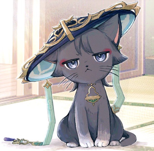 scaramouche (genshin impact) cat jingasa hat sitting looking at viewer no humans closed mouth  illustration images
