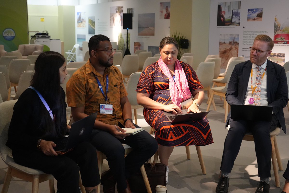 CANPacificIs's tweet photo. As the pressure builds up on the final week of #COP28 to deliver an ambitious outcome, #PICAN & #CSO reps held a bilateral meeting with @AOSISChair Lead Negotiator, Anne Rasmussen and her team to discuss strategies, to support negotiations and keeping the goal of 1.5 alive. https://t.co/EhwSswfFfc