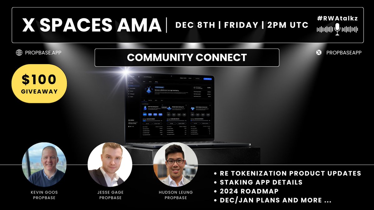 PropbaseApp's tweet photo. To all Propbase enthusiasts! 🏡✨ Get ready to dive into the heart of our community as Propbase hosts a spectacular Community Connect here on X Spaces! 🤝

As always $100 giveaway for best questions 

📅 Date & Time: Friday at 2pm UTC
Link: https://t.co/hslAN07R5o

🔷Product Updates: Our Real Estate Tokenization Platform and Staking App have undergone significant upgrades. Get ready for a revolutionary experience as we open our staking app testnet to a broader community here shortly.

🔷Staking Details: Dive into the details around APY, pool size, duration, and user engagement.

🔷December/January Plans: We will give a peek into our upcoming plans for the end of the year and the start of 2024.

🔷2024 Technical Roadmap: As this year comes to an amazing ending we will be releasing our 2024 technical roadmap and provide a high level overviews of what Propbase plans to achieve in the next year ahead