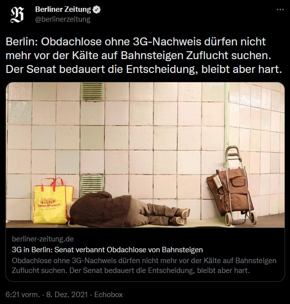 provoziert's tweet photo. Heute vor zwei Jahren:
#Obdachlose ohne #3G-Nachweis dürfen auf #Bahnsteigen keine #Zuflucht mehr suchen.
https://t.co/5ANXhVWe3x
#RichtigErinnern https://t.co/7CyvdavmSA