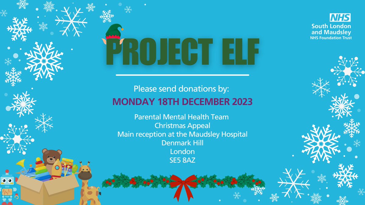 🎁✨ Join our Christmas mission! The Parental Mental Health team is collecting new toys and gifts for children in #Southwark, including teenagers. Drop off your donations by 18th Dec at Maudsley Hospital's main reception. 🎄🤗 #ProjectElf #Christmas #MakeADifference