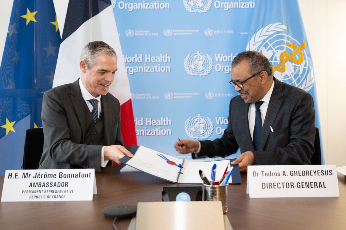 DrTedros's tweet photo. #France plays a critical role in global health. 

Today, I had the pleasure to sign new agreements with Ambassador Jérôme Bonnafont, totalling € 25.5 million, from 🇫🇷 to @WHO to promote, provide, protect, power and perform for health. 

Merci beaucoup! https://t.co/BKNk4JOSjm