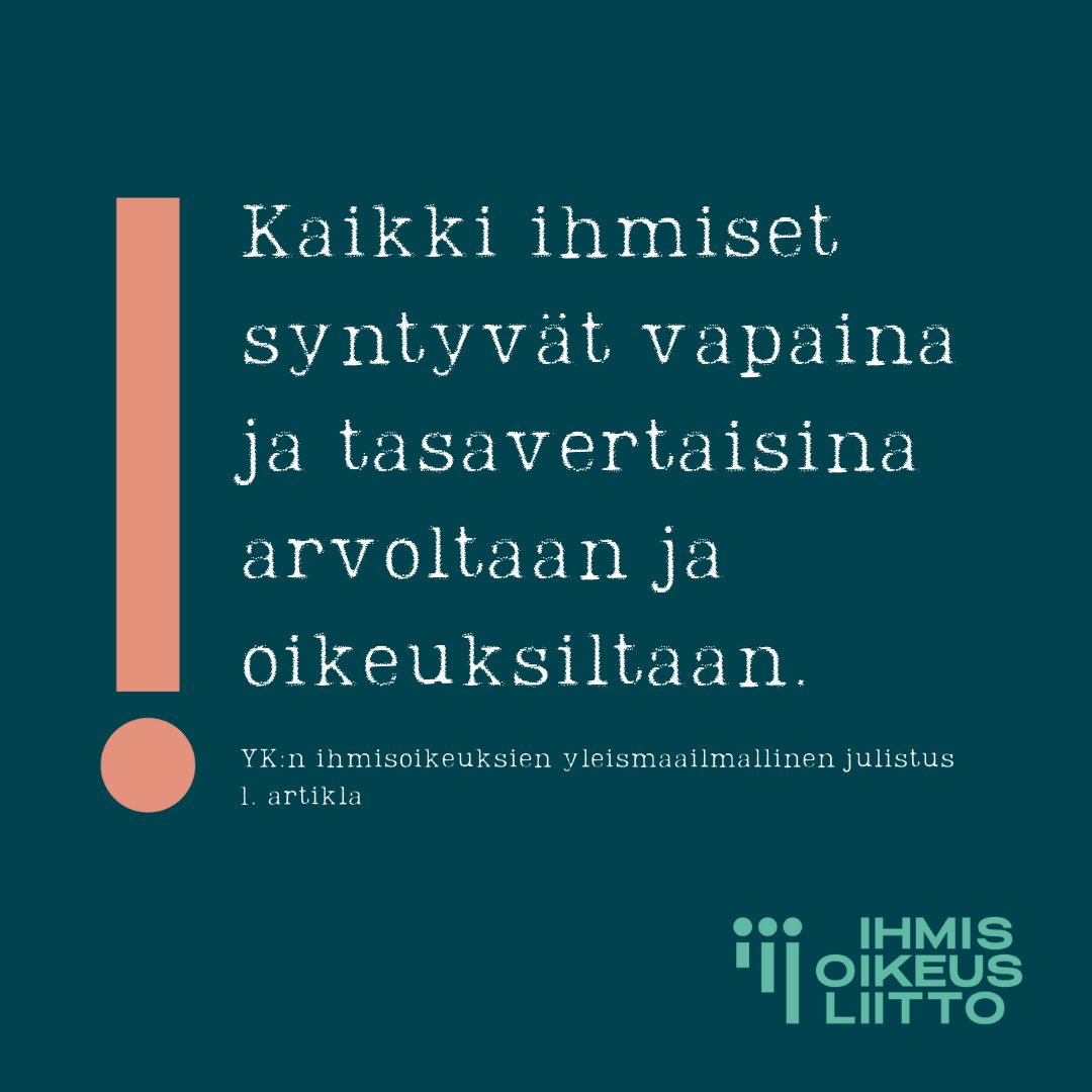 Hyvää kansainvälistä ihmisoikeuksien päivää! 🎉

#Ihmisoikeudet kuuluvat kaikille, kaikkialla ja kaikkina aikoina. Eikä niitä voi ottaa meitä keneltäkään pois. ❤️

Ihmisoikeuksien puolestapuhujia tarvitaan nyt! 💪

Tule mukaan 👉 ihmisoikeusliitto.fi/osallistu/lahj…

#IhmisoikeuksienPäivä