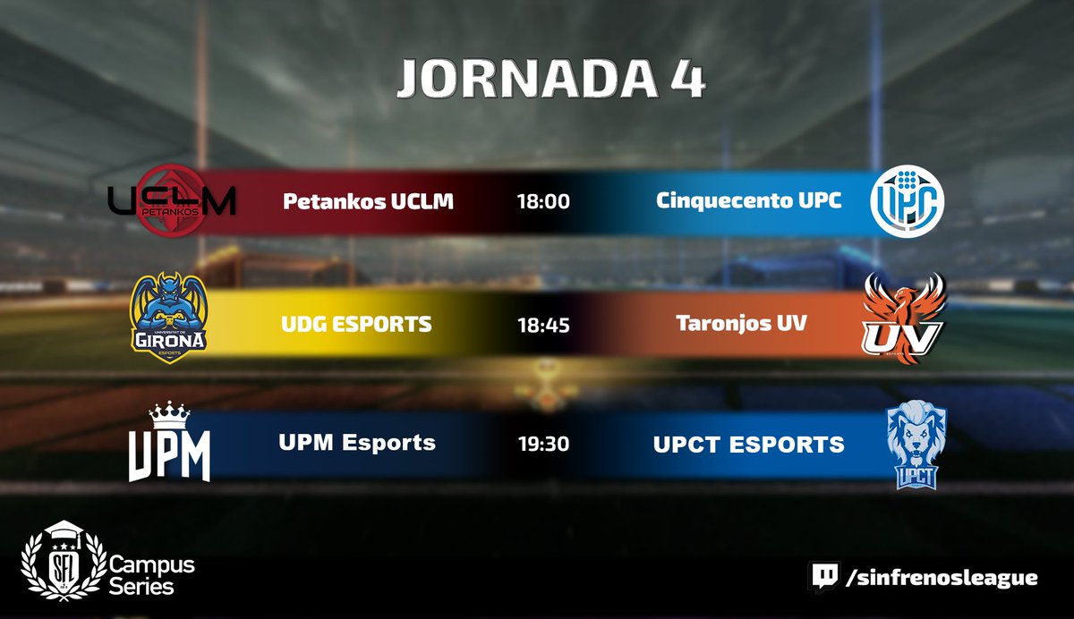 Havefungamers (@havefungamers) on Twitter photo 👨🎓JORNADA 4 #SFLCampusSeries👩🎓
⚔️<a href="/petankos/">Petankos</a> <a href="/uclm_es/">Universidad de Castilla-La Mancha</a>🆚#Cinquecento <a href="/la_UPC/">Universitat Politècnica de Catalunya (UPC)</a>
⚔️<a href="/univgirona/">Universitat de Girona</a>🆚#Taronjos <a href="/UV_EG/">Universitat València</a>
⚔️<a href="/La_UPM/">Universidad Politécnica de Madrid</a>🆚<a href="/UPCTEsports/">UPCT Esports</a>
Descansa➡️#Lirinki <a href="/CanalUGR/">Universidad Granada</a>
🎙️<a href="/Moowette/">Moowette</a> & <a href="/La_Baticao/">Bati</a>
📺twitch.tv/sinfrenosleague 👨🎓JORNADA 4 #SFLCampusSeries👩🎓
⚔️<a href="/petankos/">Petankos</a> <a href="/uclm_es/">Universidad de Castilla-La Mancha</a>🆚#Cinquecento <a href="/la_UPC/">Universitat Politècnica de Catalunya (UPC)</a>
⚔️<a href="/univgirona/">Universitat de Girona</a>🆚#Taronjos <a href="/UV_EG/">Universitat València</a>
⚔️<a href="/La_UPM/">Universidad Politécnica de Madrid</a>🆚<a href="/UPCTEsports/">UPCT Esports</a>
Descansa➡️#Lirinki <a href="/CanalUGR/">Universidad Granada</a>
🎙️<a href="/Moowette/">Moowette</a> & <a href="/La_Baticao/">Bati</a>
📺twitch.tv/sinfrenosleague