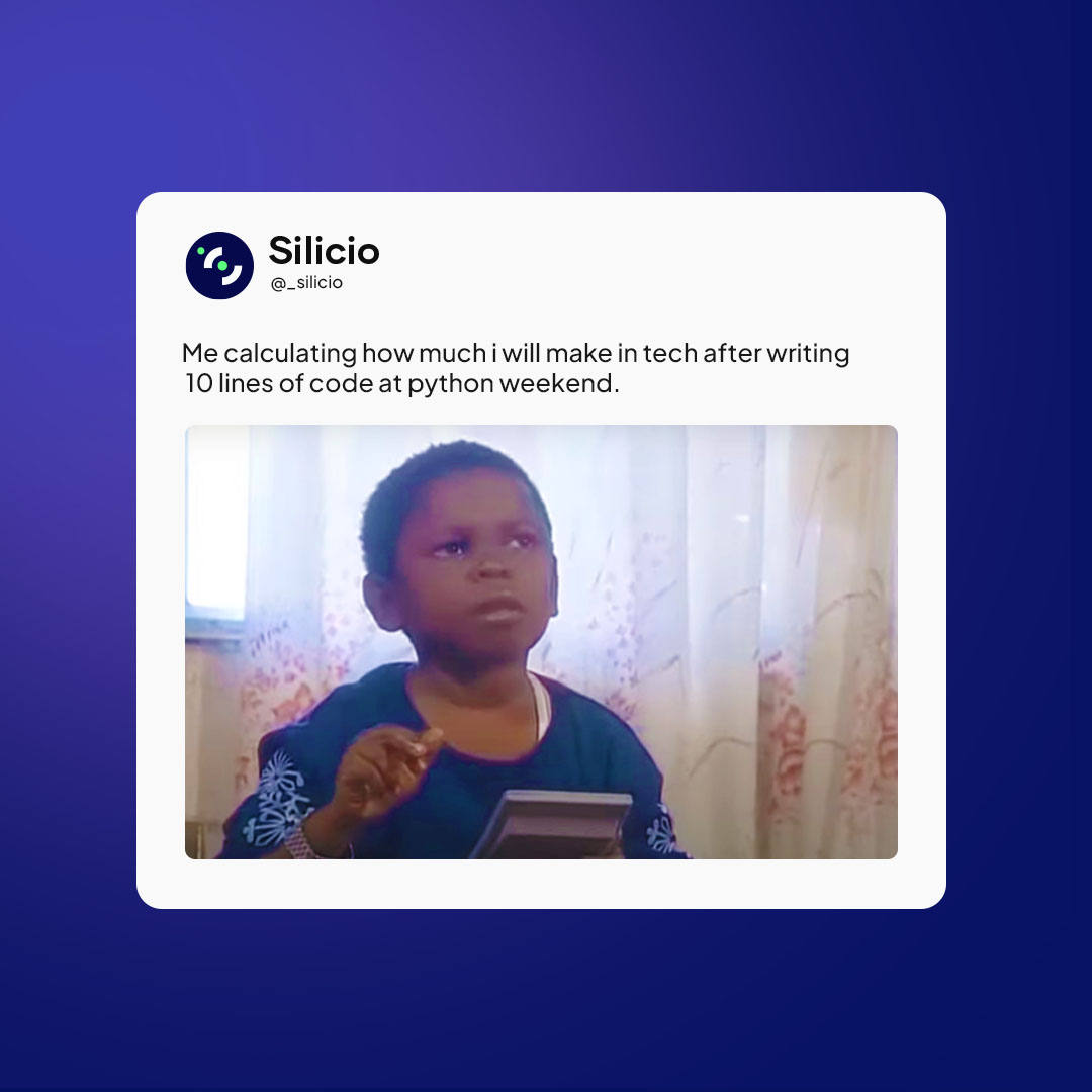 Calculating each time spent to code that will result into money is one of the Randoms from our Python weekend workshop 😂. 

Register for our ongoing python weekend via our website : mysilicio.tech and follow us on all our socials : <a href="/_silicio/">Silicio</a> to follow new updates