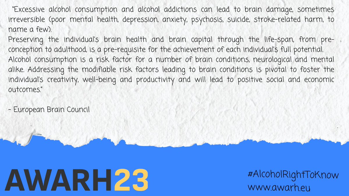 AWARH Europe (@awarheurope) on Twitter photo 🗣 <a href="/EU_Brain/">European Brain Council</a>
🇪🇺 EU policy makers: Addressing risk factors leading to brain conditions, such as alcohol consumption, leads to positive social and economic outcomes.
👉awarh.eu/#recommendatio…
#AlcoholRightToKnow 🗣 <a href="/EU_Brain/">European Brain Council</a>
🇪🇺 EU policy makers: Addressing risk factors leading to brain conditions, such as alcohol consumption, leads to positive social and economic outcomes.
👉awarh.eu/#recommendatio…
#AlcoholRightToKnow