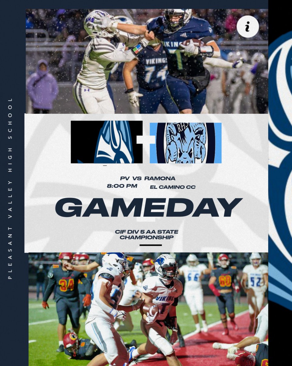 Pleasant Valley Football will compete in the CIF DIV 5 AA Football Championship game vs. Ramona at 8 p.m. tonight in Torrance, CA. This game will be broadcast on NFHS and tix are on GOFAN. PV Cheer is there rooting PV Football onto victory, bring it home VIKES! SKO! #hornsup