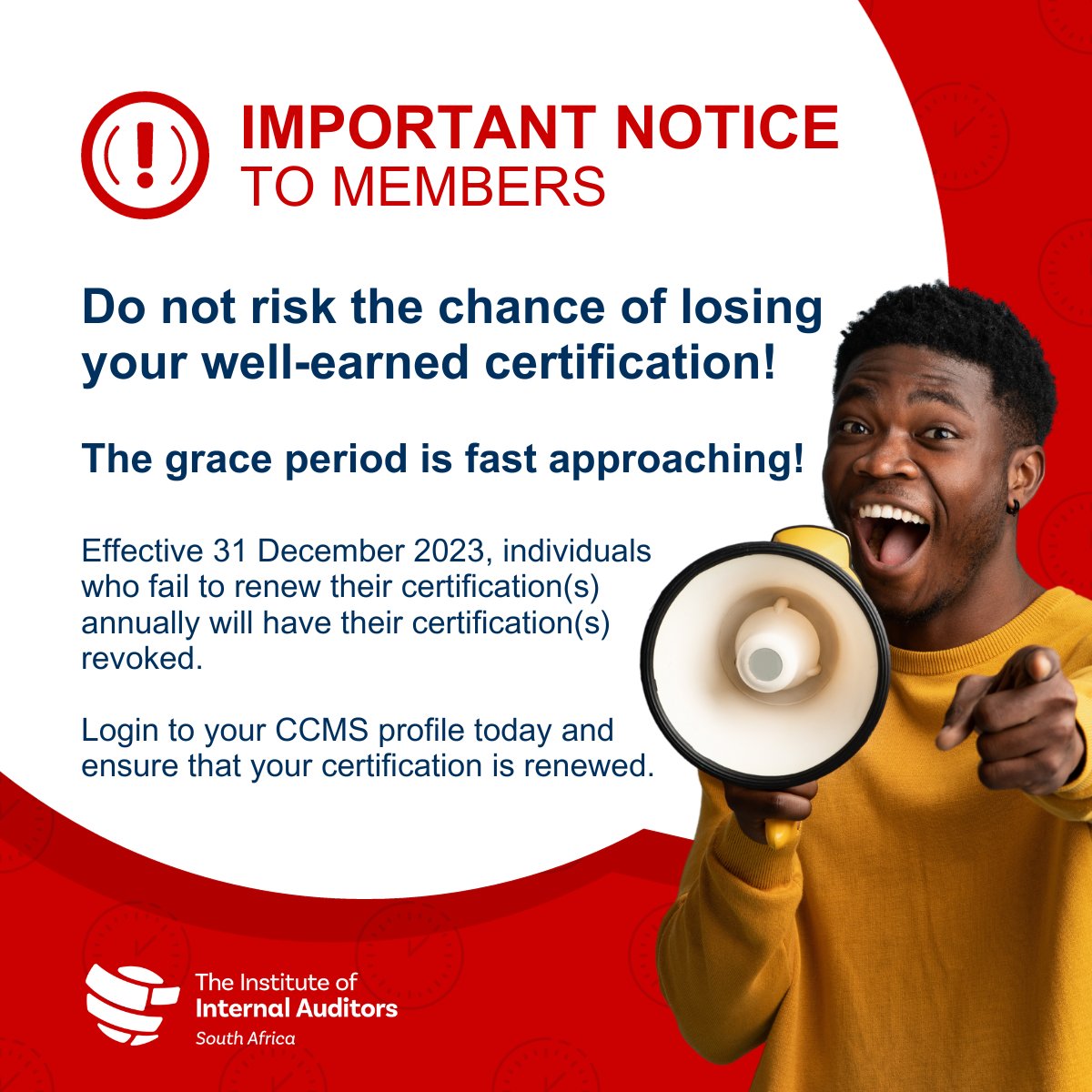 The 31st December 2023 is the FINAL deadline for renewal, and there will be NO extensions afte which non-renewed certifications face revocation. 

⚠️ Act now! Log in to your CCMS profile today to secure your professional standing.

#CertificationRenewal #ProfessionalDevelopment