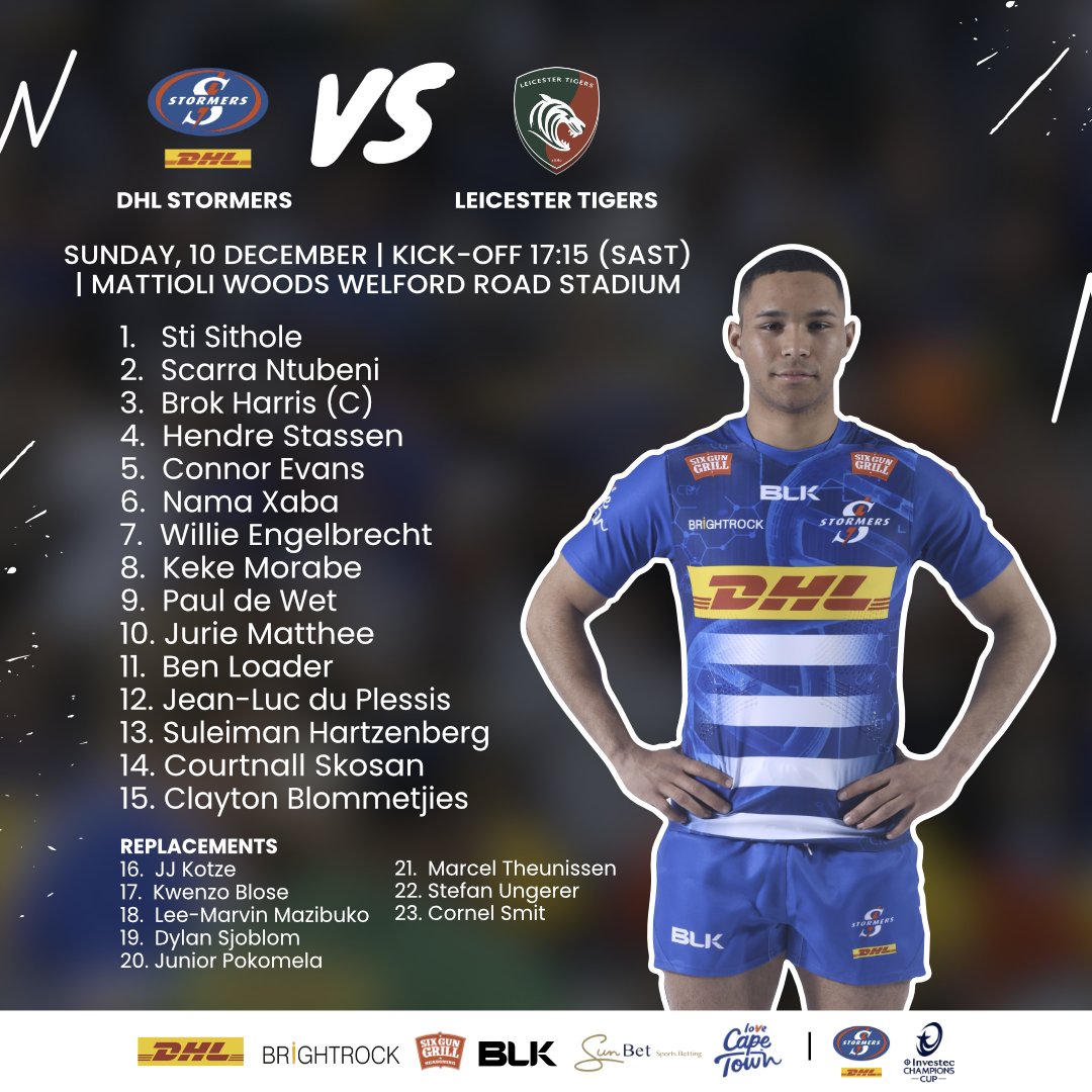 DHL Stormers (@thestormers) on Twitter photo Our team for the Investec <a href="/ChampionsCup/">Investec Champions Cup</a> opener against <a href="/LeicesterTigers/">Leicester Tigers</a> at Mattioli Woods Welford Road on Sunday.
๐ข Full team announcement bit.ly/3RzOso0
#LEIvSTO #iamastormer #dhldelivers Our team for the Investec <a href="/ChampionsCup/">Investec Champions Cup</a> opener against <a href="/LeicesterTigers/">Leicester Tigers</a> at Mattioli Woods Welford Road on Sunday.
๐ข Full team announcement bit.ly/3RzOso0
#LEIvSTO #iamastormer #dhldelivers