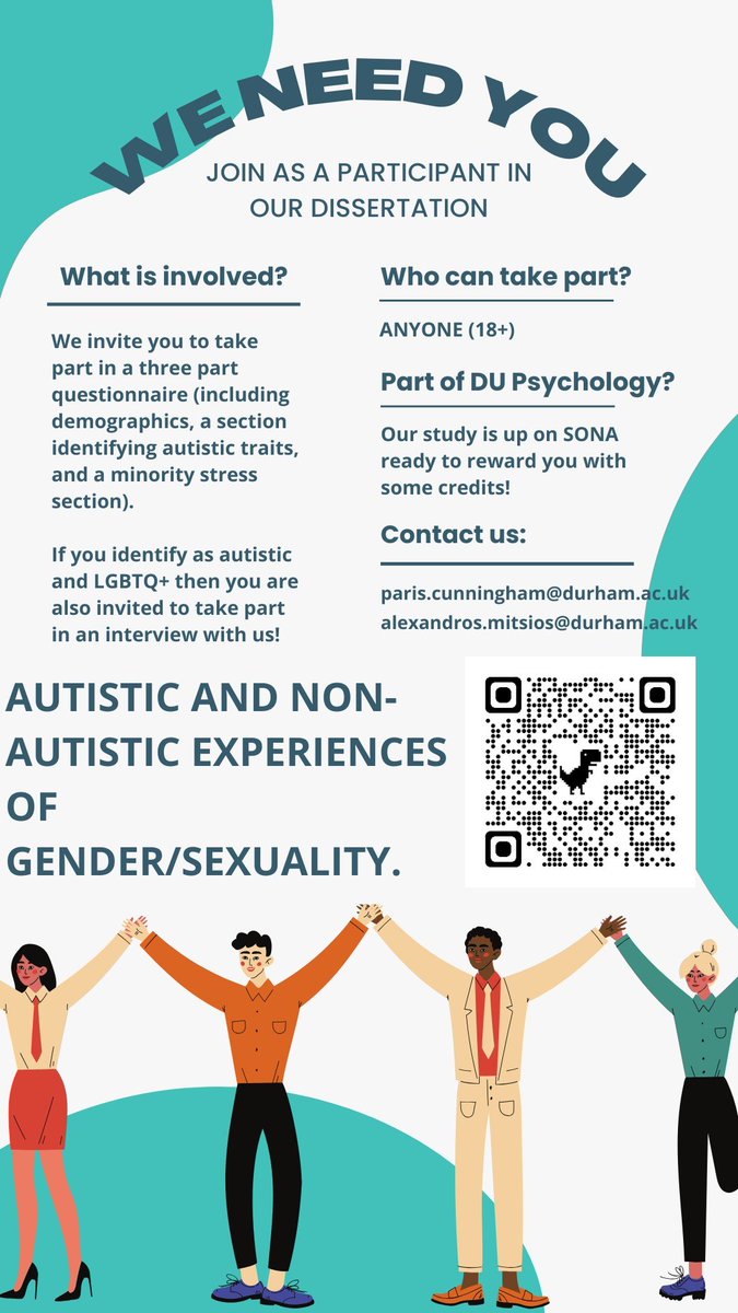 My dissertation students are seeking autistic and non-autistic LGBTQIA+ folks to take part in a study of minority stress. 
The study is online, please see below or follow the link for more information! 
durhamuniversity.qualtrics.com/jfe/form/SV_8k…