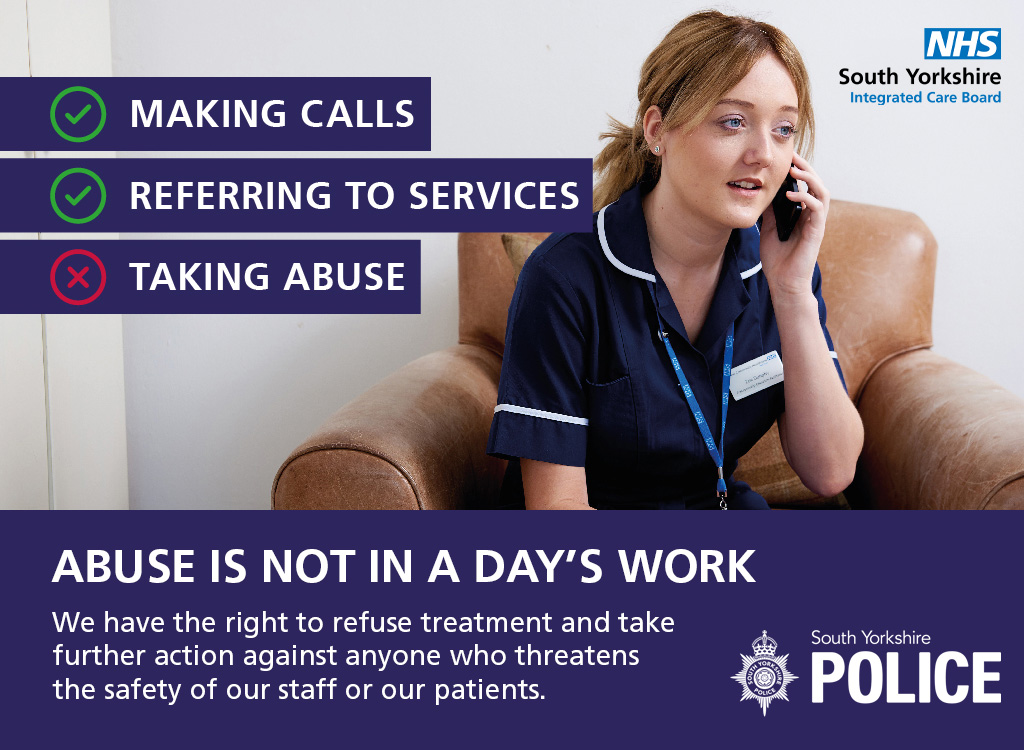 NHSSYICB's tweet photo. ❌ Abuse is not in a day's work ❌
Today, we launch our new zero-tolerance campaign #NotInADaysWork, supported by South Yorkshire Police.
Find out more at https://t.co/dJdfZZDJwd https://t.co/we7tPSkTVK