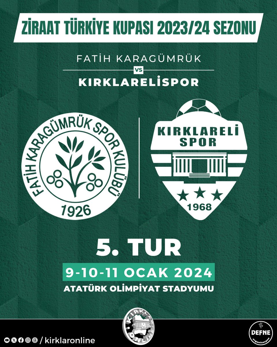 kirklaronline's tweet photo. 🏆 Kırklarelispor 'un Ziraat Türkiye Kupası 5. Tur rakibi Fatih Karagümrük oldu. Müsabaka tek maç eleme usulüne göre TFF 'nin belirleyeceği 9, 10 veya 11 Ocak 2024 tarihinde Atatürk Olimpiyat Stadyumu 'nda oynanacak. 

- 

- 

#kırklareli #kırklarelispor #tff #ziraattürkiyekupası https://t.co/71dUkXHYq3