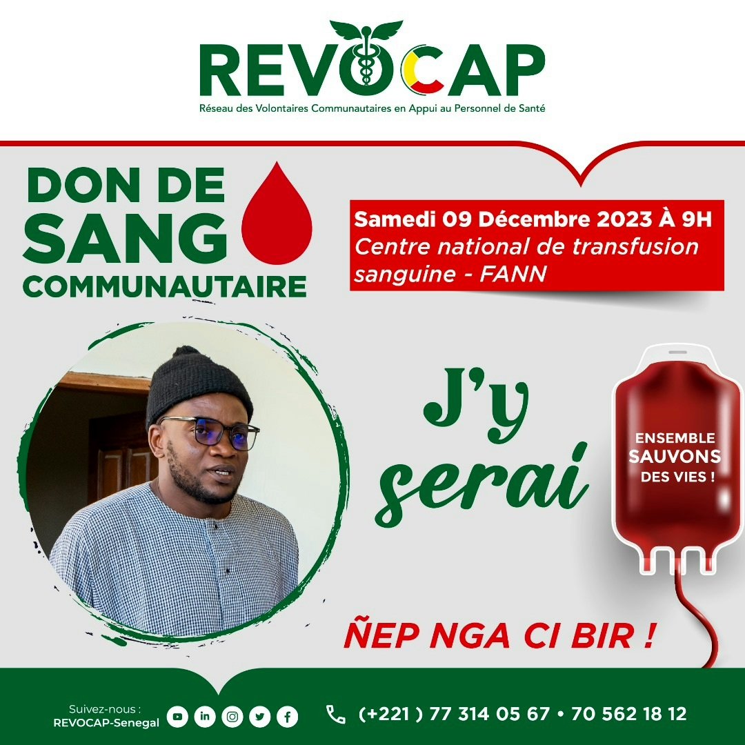 J'y serai insàlla pour donner du sang avec <a href="/REVOCAP/">REVOCAP-Sénégal</a> et le CODEVS pour le compte de la @TeamNiintche 

Ce sera demain Samedi 09 décembre 2023 dans le cadre de la semaine des volontaires.
#TNvie
#VolontaireSN