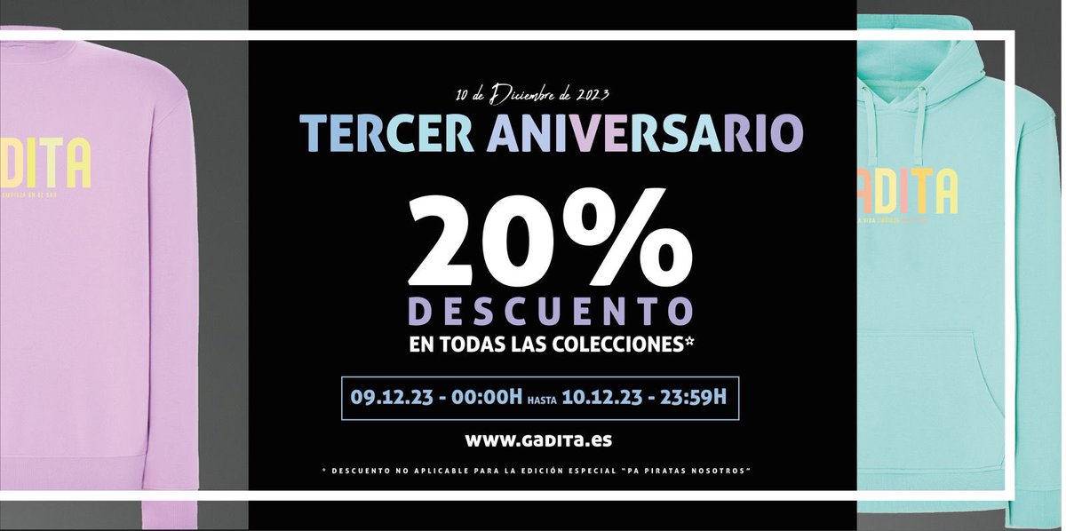 𝗬𝗔 𝗗𝗜𝗦𝗣𝗢𝗡𝗜𝗕𝗟𝗘 

Disponible la nueva temporada y la colección #PaPiratasNosotros 🤩

Y a partir del 09.12.23 con descuentos del 20% por el #3AniversarioGadita 🫶🏻

¡Compartir y dadle mucho amor!

gadita.es
📲 654 411 707
📍 C/ Beato Diego de Cádiz, 11.