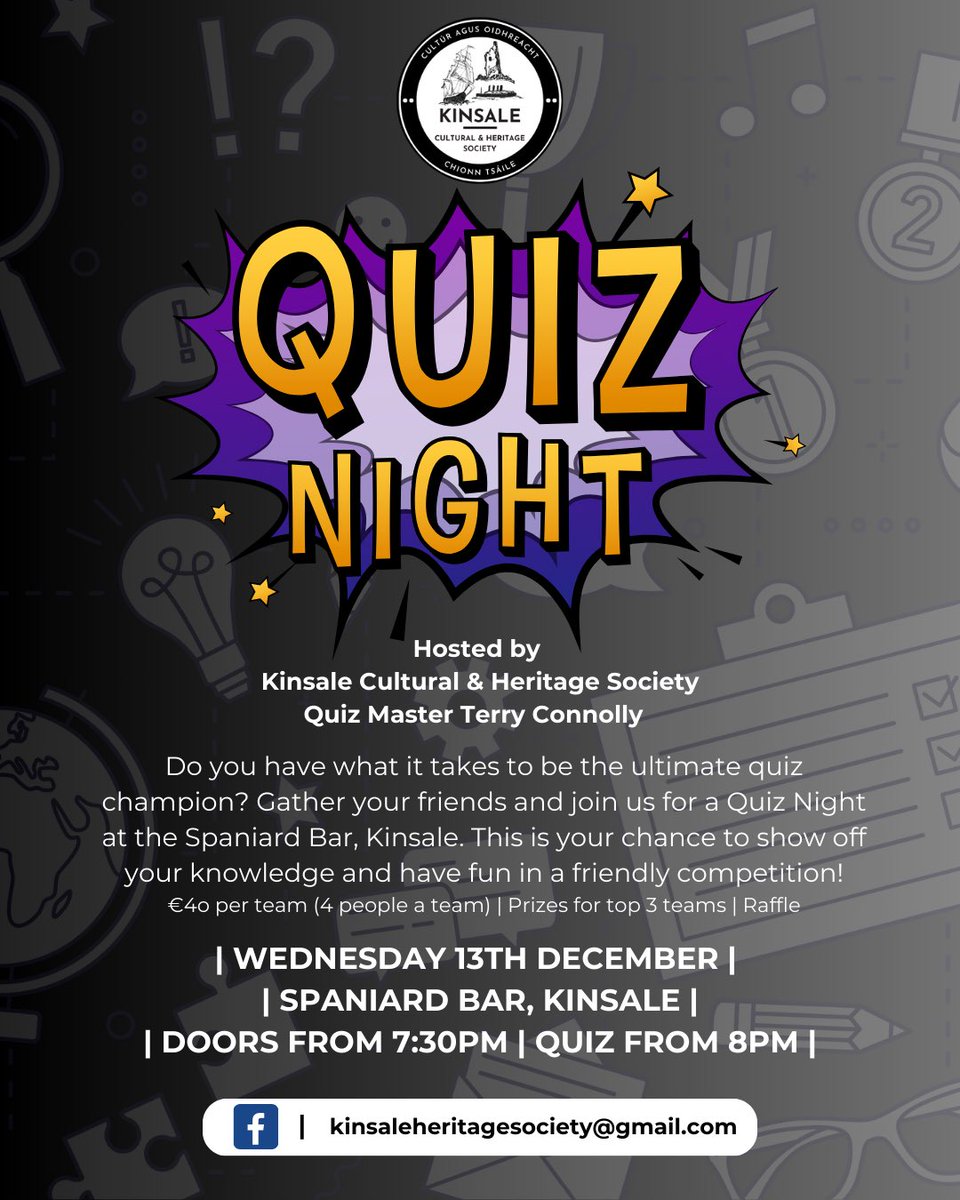Kinsale Heritage & Genealogy (@kinsaleheritage) on Twitter photo Kinsale Cultural & Heritage Society are hosting a Quiz in The Spaniard, Kinsale next Wednesday evening! ๐ค๐ฅณ
<a href="/kinsale_ie/">Kinsale, Co. Cork</a> <a href="/KinsaleObserver/">JJ Hurley</a> <a href="/browne_fergal/">Fergal Browne</a> #QuizNight #Kinsale Kinsale Cultural & Heritage Society are hosting a Quiz in The Spaniard, Kinsale next Wednesday evening! ๐ค๐ฅณ
<a href="/kinsale_ie/">Kinsale, Co. Cork</a> <a href="/KinsaleObserver/">JJ Hurley</a> <a href="/browne_fergal/">Fergal Browne</a> #QuizNight #Kinsale