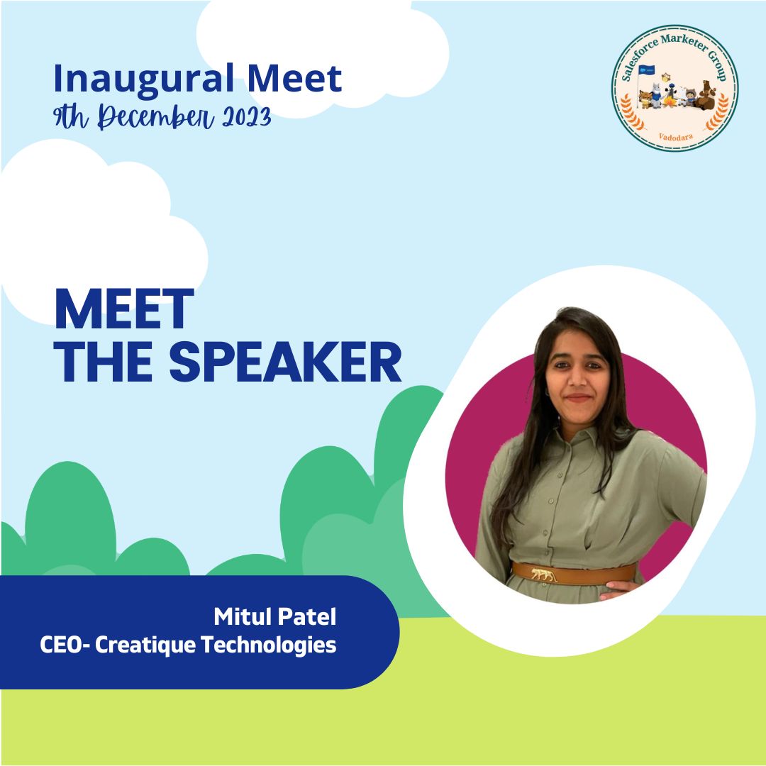 I am excited to be an Inaugural Speaker at Salesforce Marketers Group, Vadodara. Thank you @piyusha13 for the opportunity to connect with the Vadodara Trailblazers! Join us tomorrow for an informative and fun-filled meetup! #marketingchampions RSVP at: trailblazercommunitygroups.com/events/details…