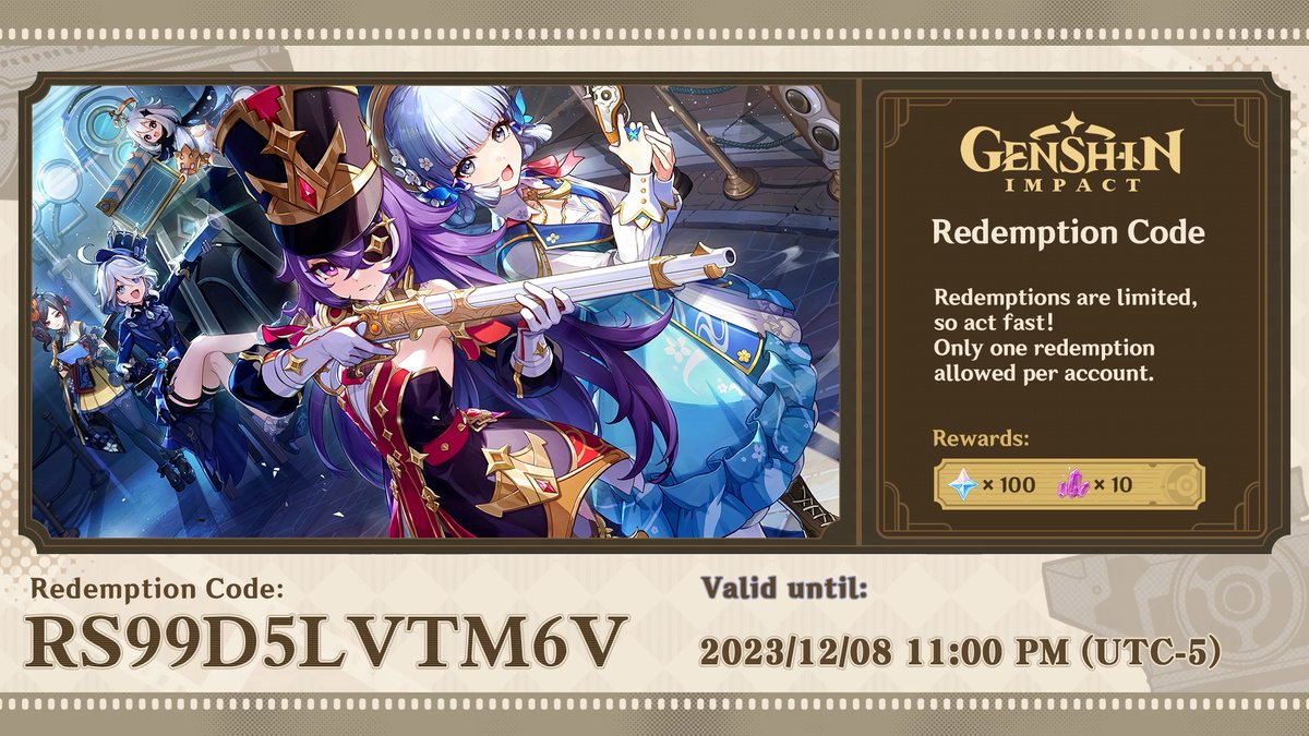 Genshin Impact on X: Travelers, here are the redemption codes for this  Special Program! Primogems ×100 + Mystic Enhancement Ore ×10 NS8TUVJYR4UH  Primogems ×100 + Hero's Wit ×5 NSQTVCKYRMDM Primogems ×100 +