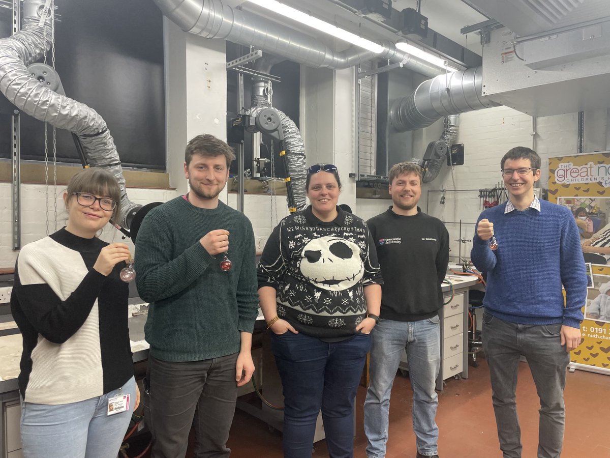 r_armstrong_lab's tweet photo. Getting into the Christmas spirit with the group making glass baubles @chemistryNCL! Thanks to Robyn &amp; Jonathan (our fab NU glassblowers) for organizing this event to raise money for the Great North Children’s Hospital. Great fun &amp; nowhere near as easy as Jonathan made it look! https://t.co/yMrNpYrfL6
