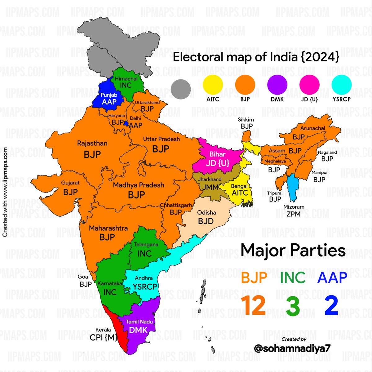 Electoral map of India {2024} Created by Soham Nadiya using iipmaps.com – the easiest way to create data maps. Link: buff.ly/4a7OECh