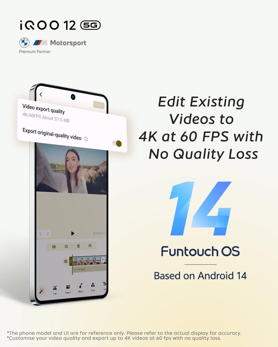 IqooInd's tweet image. With #FuntouchOS14 based on #Android14, editing your favorite videos has never been easier. 😉 Customize your video resolution and export up to 4K videos at 60 fps with no quality loss on the new #iQOO12. 😎
Know More: amzn.to/3tW1BP6
#AmazonSpecials #BeThGOAT