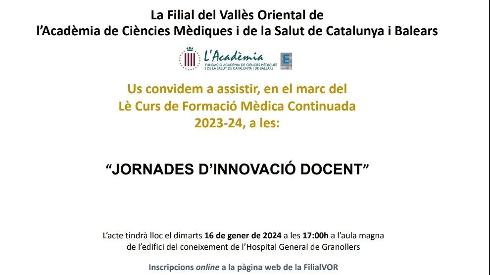 #jornadesinnovaciodocent 📢 NOU AVÍS CURS FILIAL VOR!! Propera activitat el dia 16 de gener de 2024 "Jornades d'innovació docent" a l'edifici del coneixement de <a href="/hggranollers/">Hospital General de Granollers</a>. Inscripcions disponibles a: inscripcions.academia.cat/form.php?id=24…
 Us hi esperem!!!