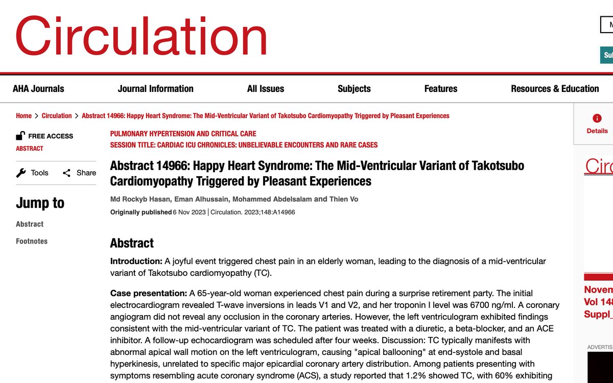 Rockyb_H's tweet photo. 📢 New Insights from @Circulation: 'Happy Heart Syndrome' – Unraveling the Mid-Ventricular Variant of Takotsubo Cardiomyopathy Triggered by Joyful Experiences. ❤️🫀 #CardioTwitter https://t.co/rGKS7VJk5I
