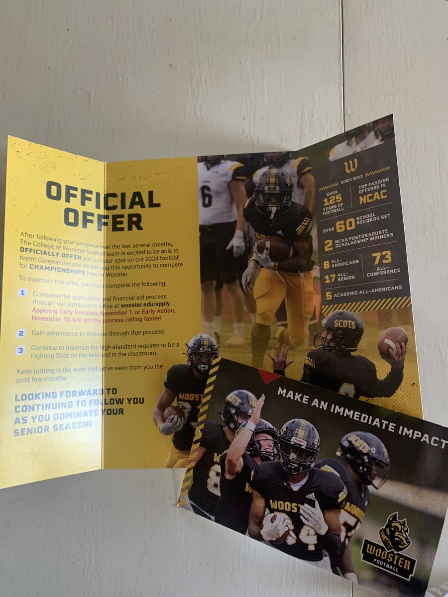 Proud to announce my official offer from the College of Wooster 
<a href="/Coach_Colaprete/">Frank Colaprete</a> <a href="/CoachZachDennis/">Zach Dennis</a> <a href="/stowfootball/">Stow Football</a>