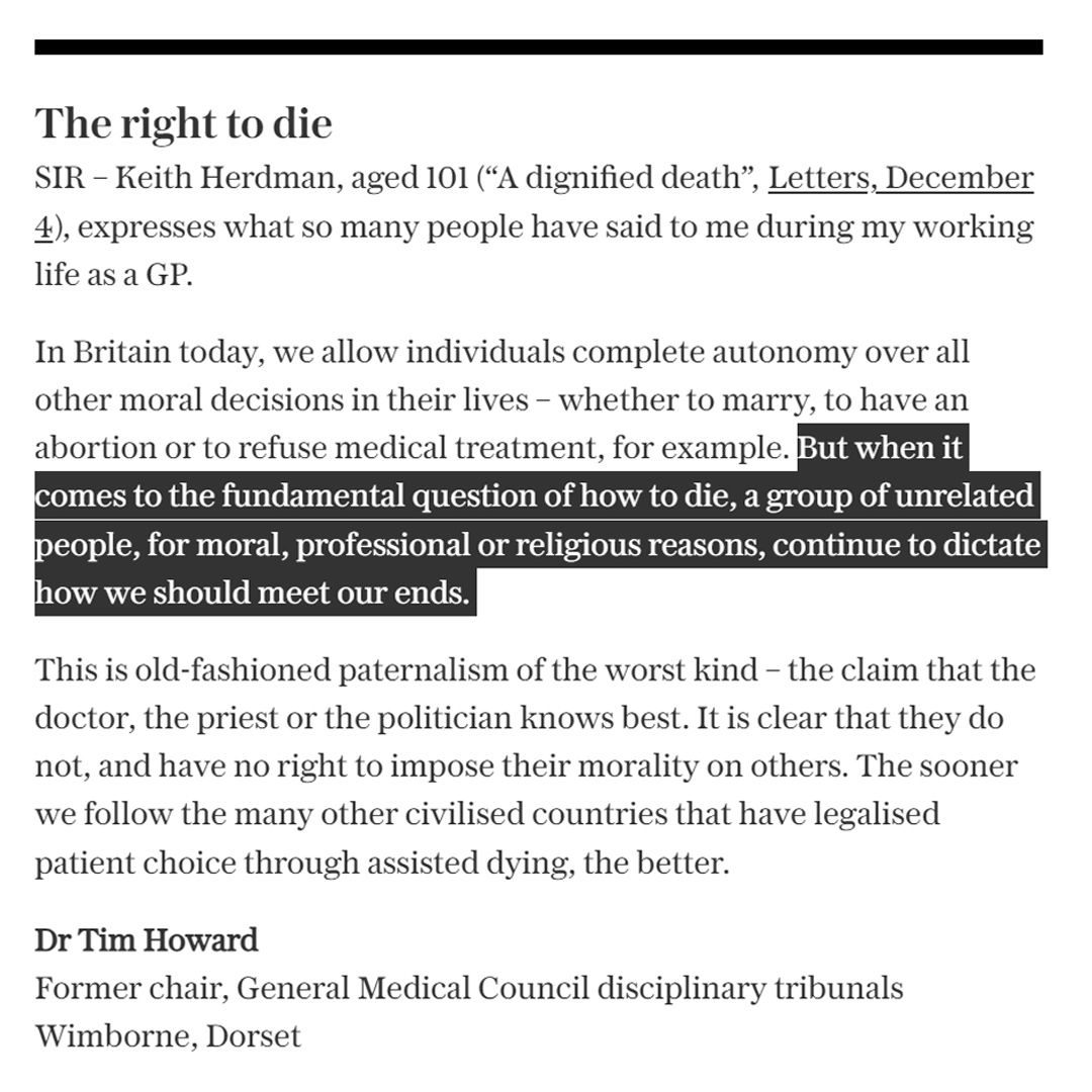 dignityindying's tweet photo. Well said Dr Tim Howard.

Terminally ill people deserve real choice at the end of life, including the option of assisted dying. https://t.co/9w8969b3aN