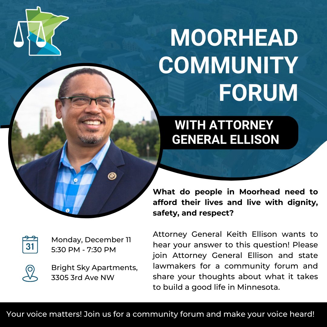 I want to hear from you about what we can do to help Minnesotans afford their lives and live with dignity, safety, and respect. I'll be hosting a public forum in Moorhead this coming Monday with Senator @RobKupec and @RepKeeler. I hope you'll join us and make your voice heard!