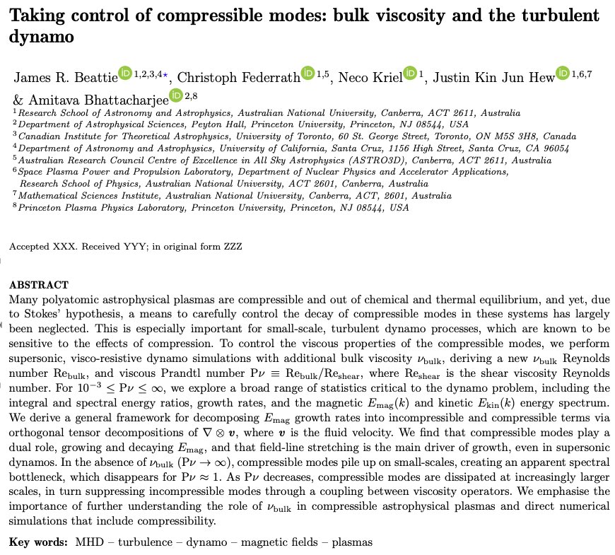 🚨Paper day🚨

Taking control of compressible modes: bulk viscosity and the turbulent dynamo — arxiv.org/abs/2312.03984

Me, <a href="/CFederrath/">Christoph Federrath</a>, <a href="/AstroKriel/">Neco Kriel</a>, <a href="/JustinHewKJ/">Justin Hew (he/him)</a> and Amitava Bhattacharjee explore the nature of fluid viscosity in the dynamo!

A 🧵 below👇