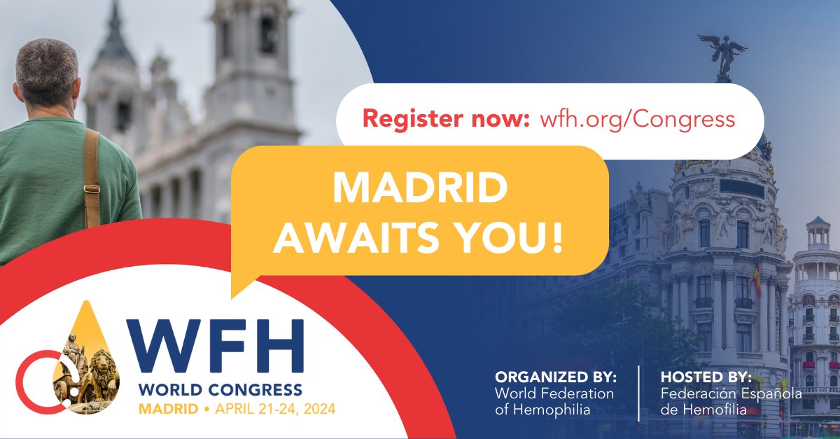 Embark on a cultural journey at the #WFHCongress2024 in Madrid, Spain! 🌍 From April 21-24, dive into #BleedingDisorders insights and then explore Madrid’s historical streets, world-class museums, and culinary delights. Don't miss it! Learn more: bit.ly/3GzQAG6