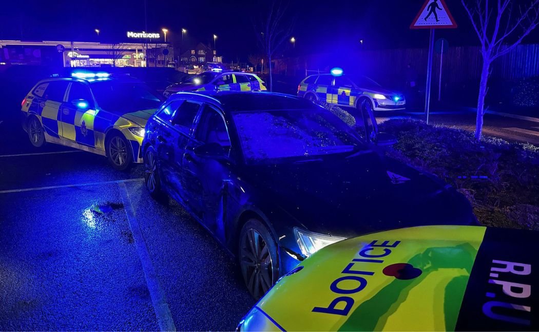 A dangerously-driven car that was involved in multiple collisions was brought to a halt, with empty cider cans then found in the driver’s footwell. orlo.uk/DTZnU