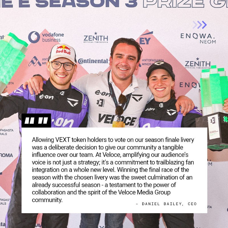 vextoken's tweet photo. You voted and we actioned!

The $VEXT x @Veloce_Racing livery not only featured on track in Chile, but it also won the final @ExtremeELive race, too! ⚡

#VEXT #copperxprix