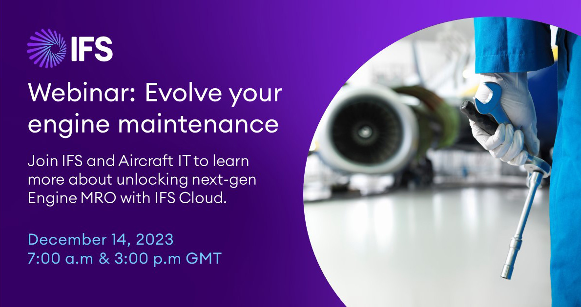 IFS engine #AvMROIT webinar—cutting through the complexity of an engine shop visit ifs.link/zdZuwe Cloud-based solution provides MROs, airlines, and operators with the digital tools, data and real-time functionality needed to maximize engine MRO efficiency <a href="/AircraftIT/">AircraftIT</a>