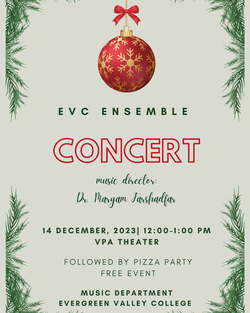 Join the Evergreen Valley College Ensemble next Friday, December 14 from 12-1pm at the VPA Theater for a festive end of the year concert featuring holiday tunes performed by our talented music students. Enjoy free admission and pizza!🎄 ☃️ 🍕 #EVCEnsemble #EndOfYearConcert