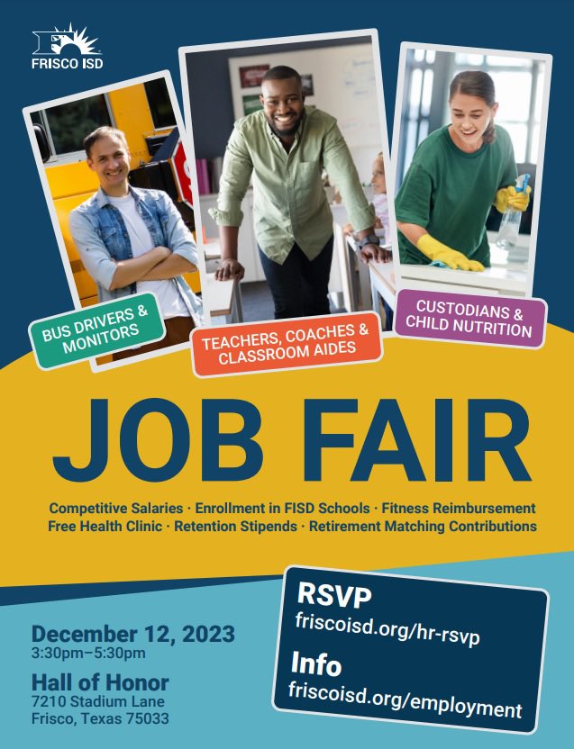 Excited to be a part of the Frisco ISD Job Fair on 12/12/23! Join us from 3:30-5:30 PM and explore amazing career opportunities. RSVP now at friscoisd.org Come meet our team and discover your next step in education! #FriscoISD #JobFair #EducationCareers @friscoisdhr