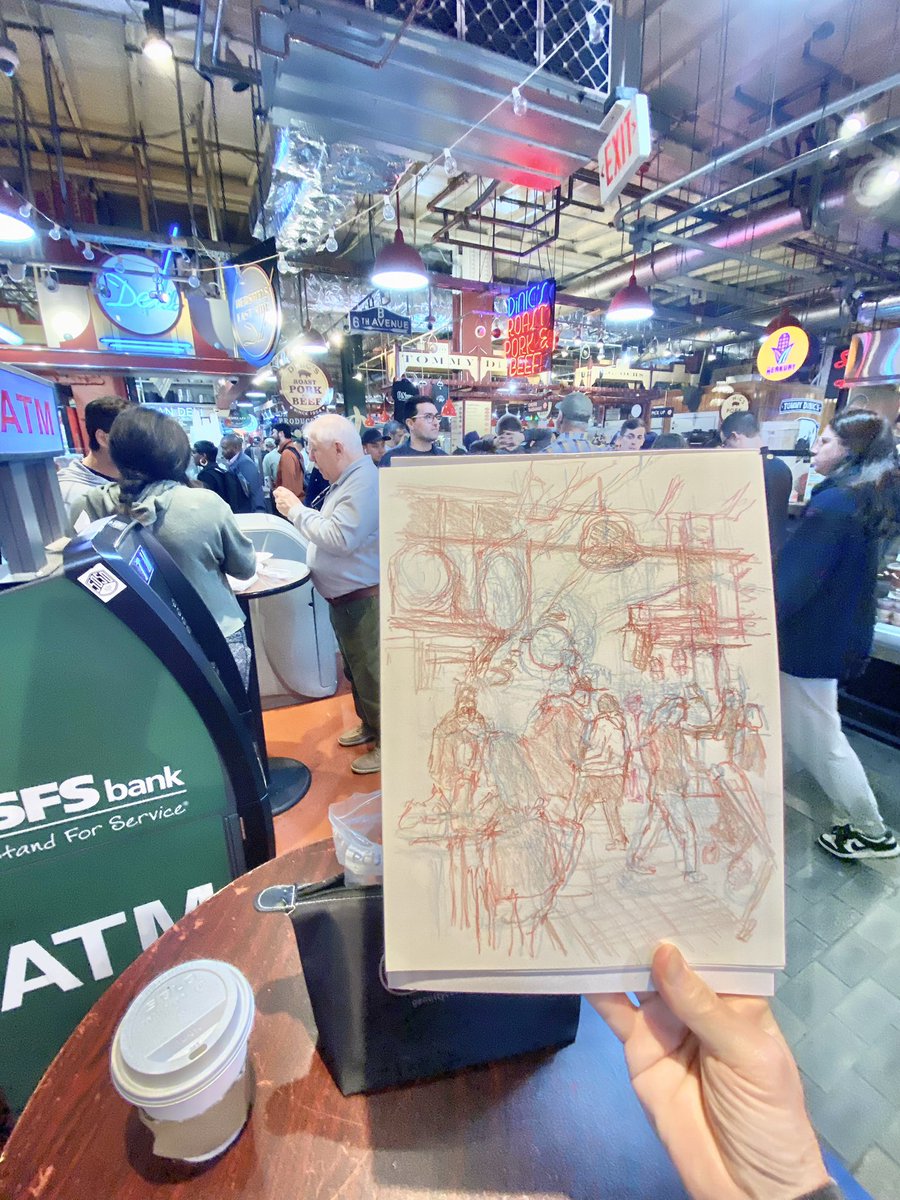 CivicByDesign's tweet photo. Saturday Morning in Reading Terminal Market, 8 1/4“ x 10 3/4“, Sketch with Prismacolor pencil on Strathmore paper.
#ReadingTerminalMarket #Urbanism  #Philadelphia #CityMarket #Cheesesteak #PrismaColor #Strathmore #PencilDrawing  #streetartist  #Drawing #PublicArt @RdgTerminalMkt https://t.co/ZhmdJChxH6