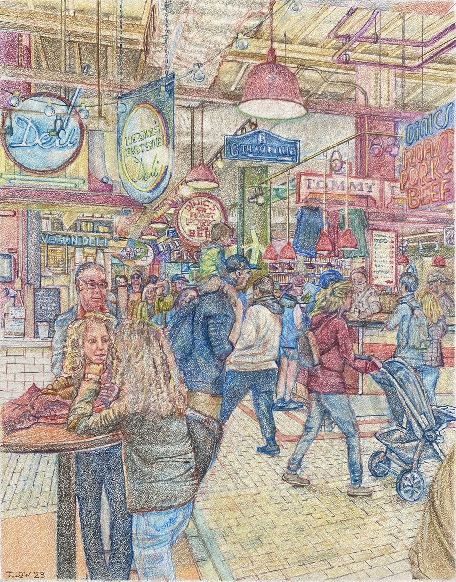 CivicByDesign's tweet photo. Saturday Morning in Reading Terminal Market, 8 1/4“ x 10 3/4“, Sketch with Prismacolor pencil on Strathmore paper.
#ReadingTerminalMarket #Urbanism  #Philadelphia #CityMarket #Cheesesteak #PrismaColor #Strathmore #PencilDrawing  #streetartist  #Drawing #PublicArt @RdgTerminalMkt https://t.co/ZhmdJChxH6