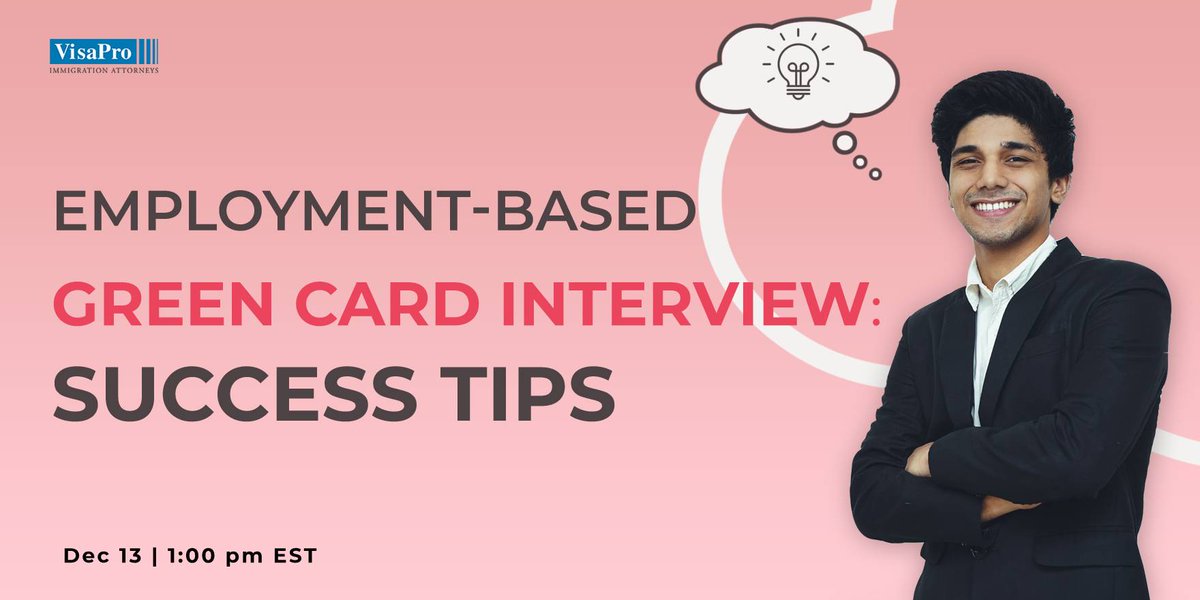 VisaProLaw's tweet image. Simple tips to ensuring successful completion of green card interview is to arrive on time.

For more success tips sing up to our free webinar bit.ly/3e467yW

#greencardinterview #changeofstatus #successfulimmigration #immigrationattorney #usimmigration #successtips