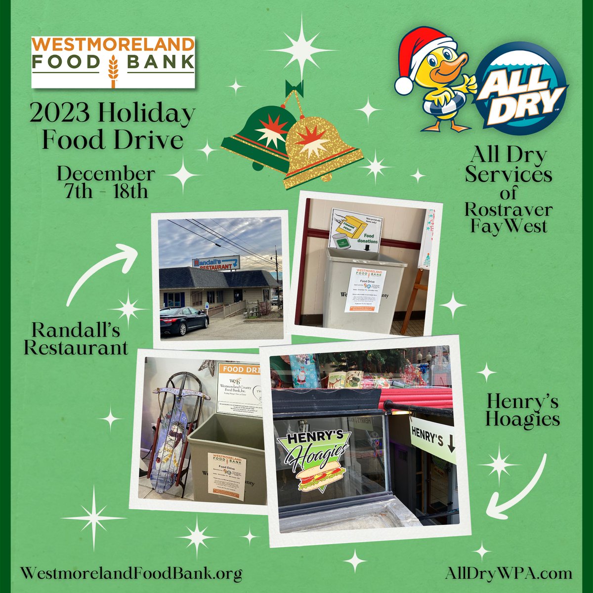 AllDryRostraver's tweet photo. Sponsoring a food drive for Westmoreland Food Bank for the holiday season. Please give what you can &amp; share this post to help us spread the word. 

#DoTheRightThing #communitysupport #westmorelandcounty #MonValley #payitforward #helpingothers #fooddrive #foodbank #holidays2023 https://t.co/N1QssWgbnR