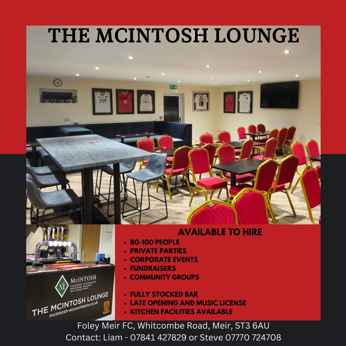 📣ROOM HIRE📣

The McIntosh Lounge

👫 80-100 Person Capacity
🍻 Fully licensed bar
🍟 Kitchen facilities available to use
💃 Stage area for DJ or live performer
🚗 Onsite parking

☎️ 07841 427829 (Liam)
☎️ 07770 724708 (Steve)
📧 foleymeirfc@gmail.com
📩 Direct Message