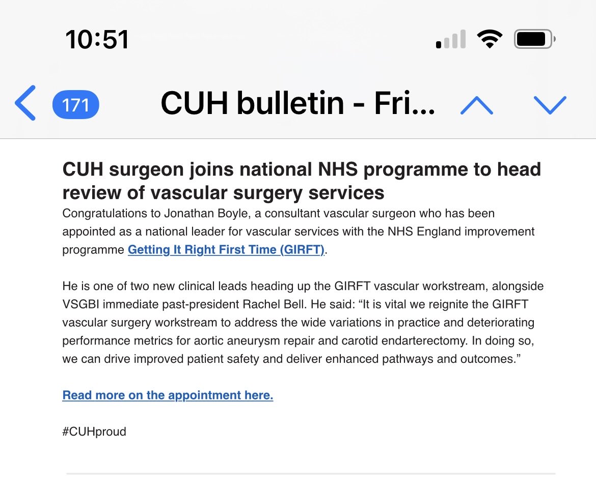 Interesting first week ⁦@NHSGIRFT⁩ with ⁦@rebellvascular⁩ plans to re-establish Joint Vascular Programme Board, make vascular outcome metrics available on Model Hospital and update service spec. Big thank you to ⁦@CUH_NHS⁩ and my colleagues ⁦for supporting me