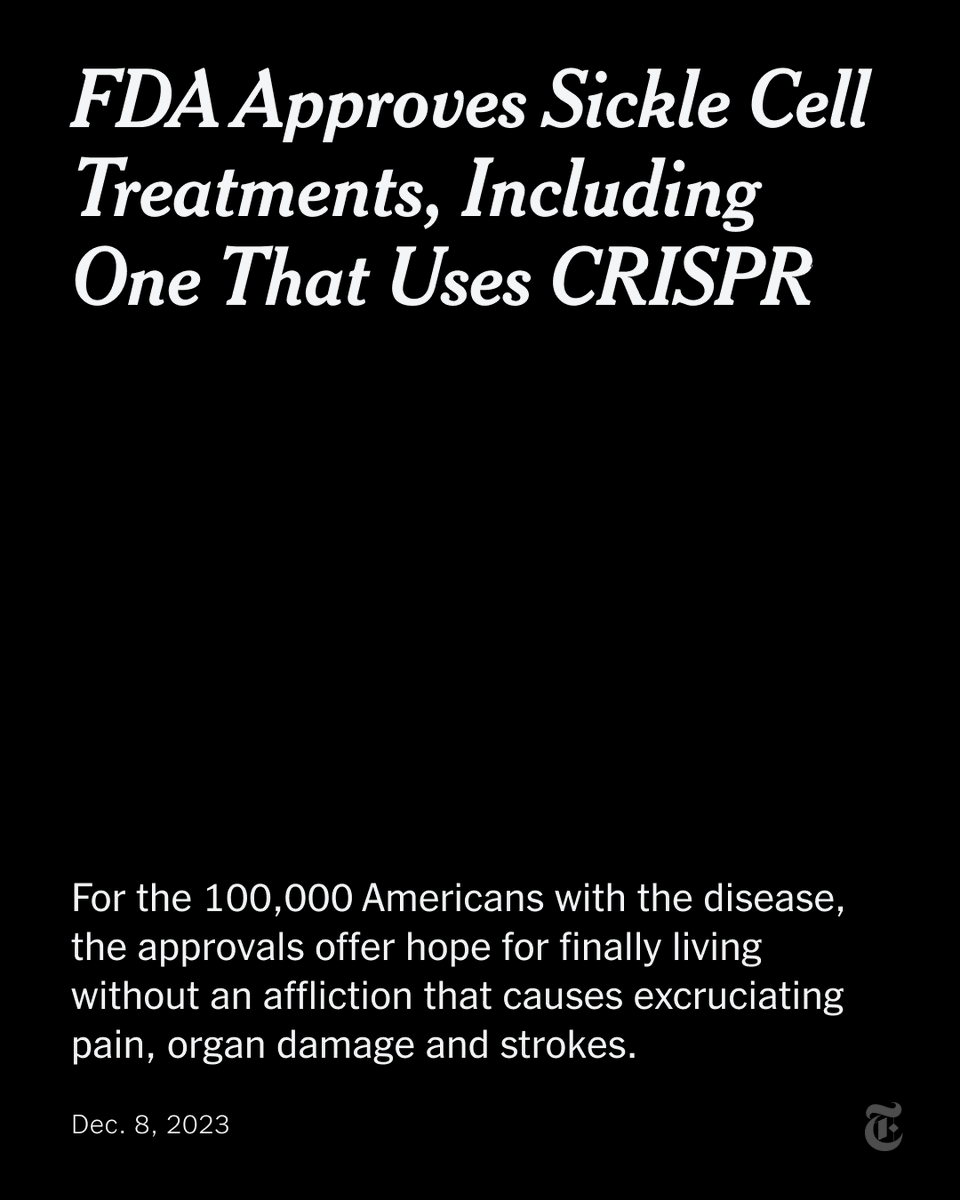 nytimes's tweet photo. The FDA approved the first gene editing therapy for sickle cell disease, a debilitating blood disorder caused by a single mutated gene which in the U.S. mostly affects Black people. The agency also approved a treatment using conventional gene therapy. https://t.co/IOsPPxWV8q https://t.co/NFLfqiopUD